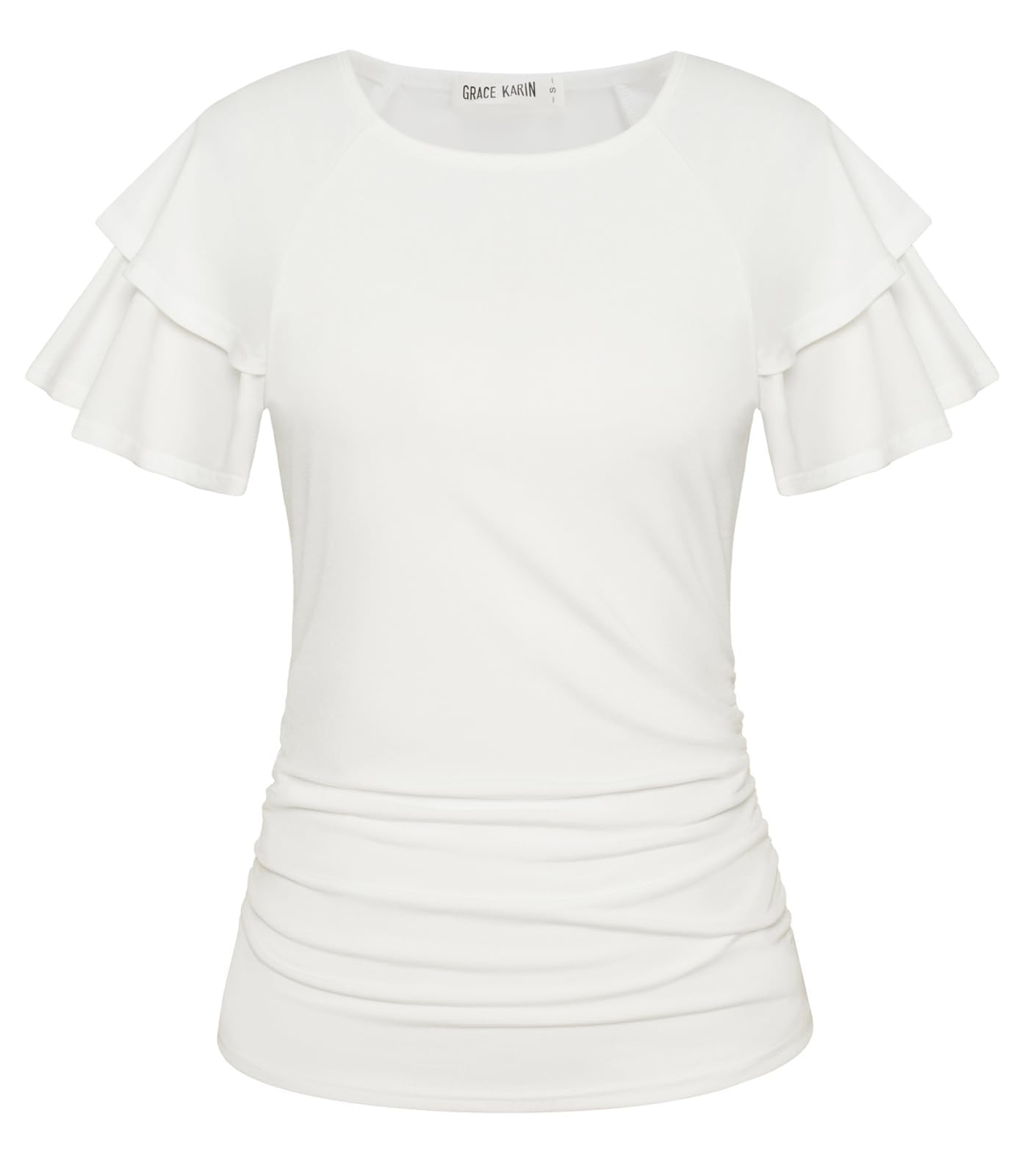 GRACE KARIN Women Tops Dressy Casual Ruffle Sleeve Blouses | Crew Neck Ruched Shirts, Business Work Outfits, 2026 Summer Fashion Clothing