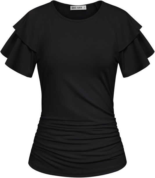 GRACE KARIN Women Tops Dressy Casual Ruffle Sleeve Blouses | Crew Neck Ruched Shirts, Business Work Outfits, 2026 Summer Fashion Clothing