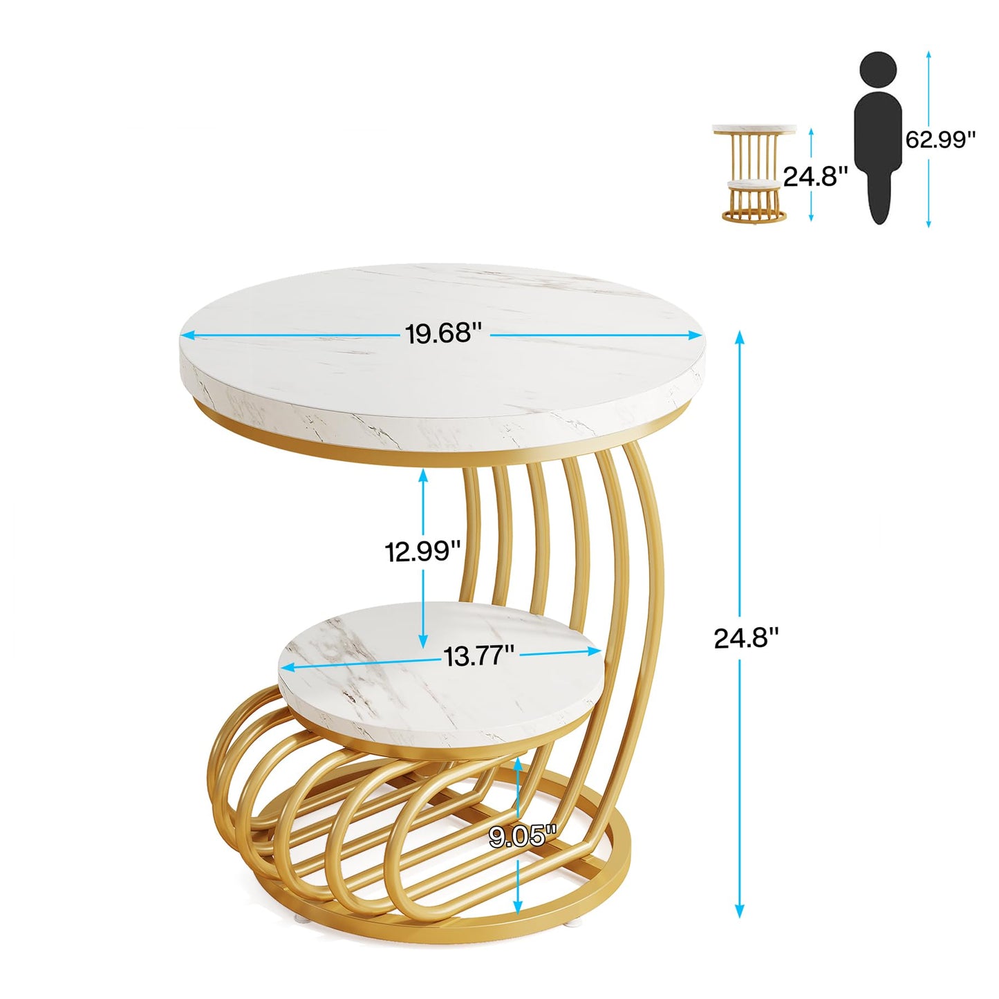 Tribesigns Round End Side Table: Side Table with 2 Tiers Storage Shelves, Vintage End Table for Living Room, Small Bedside Table Accent Table with Arc-Shaped Frame, Light Brown