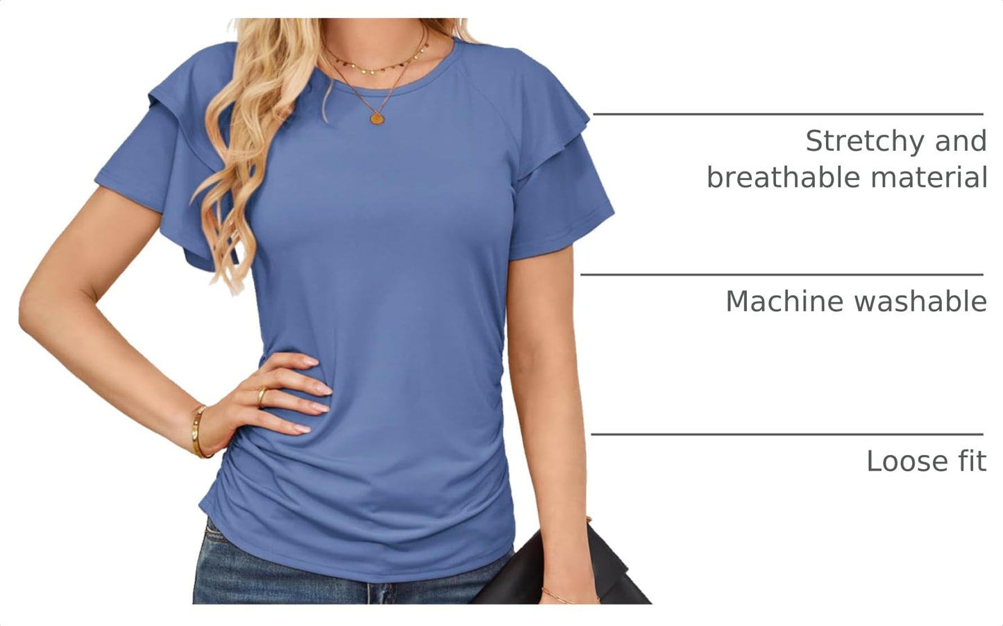 GRACE KARIN Women Tops Dressy Casual Ruffle Sleeve Blouses | Crew Neck Ruched Shirts, Business Work Outfits, 2026 Summer Fashion Clothing