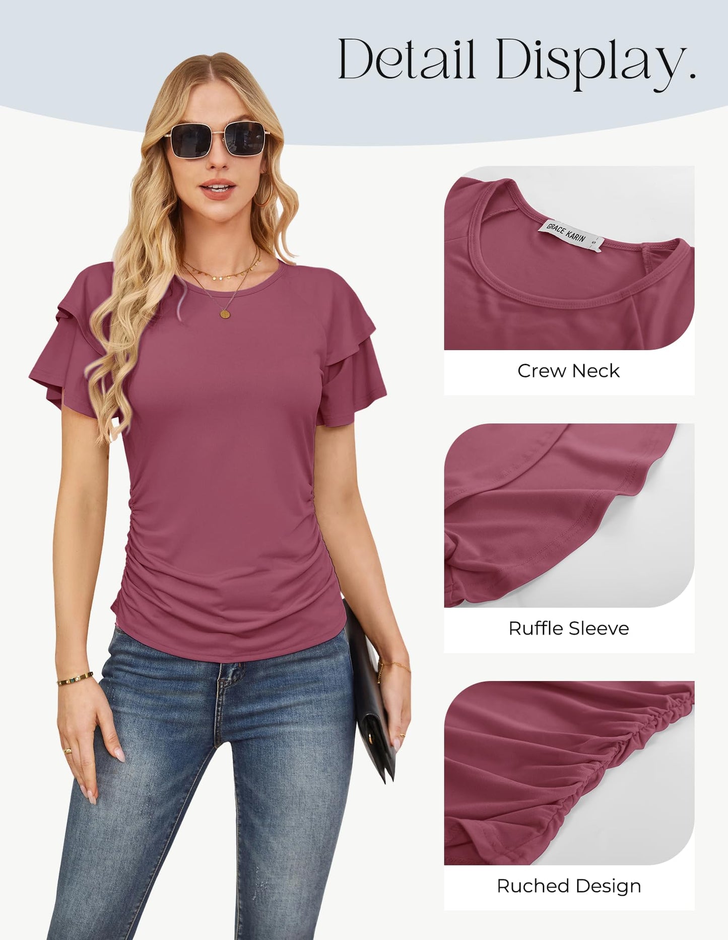 GRACE KARIN Women Tops Dressy Casual Ruffle Sleeve Blouses | Crew Neck Ruched Shirts, Business Work Outfits, 2026 Summer Fashion Clothing