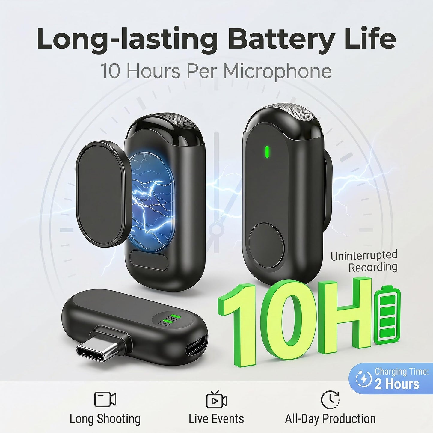 3 in 1 Wireless Lavalier Microphones for iPhone/Android/Camera, 2 Pack Mini Microphone LED Display Lapel Omnidirectional Mic with Mute/Reverb/Noise Reduction for TikTok/Podcast/Vlog Recording