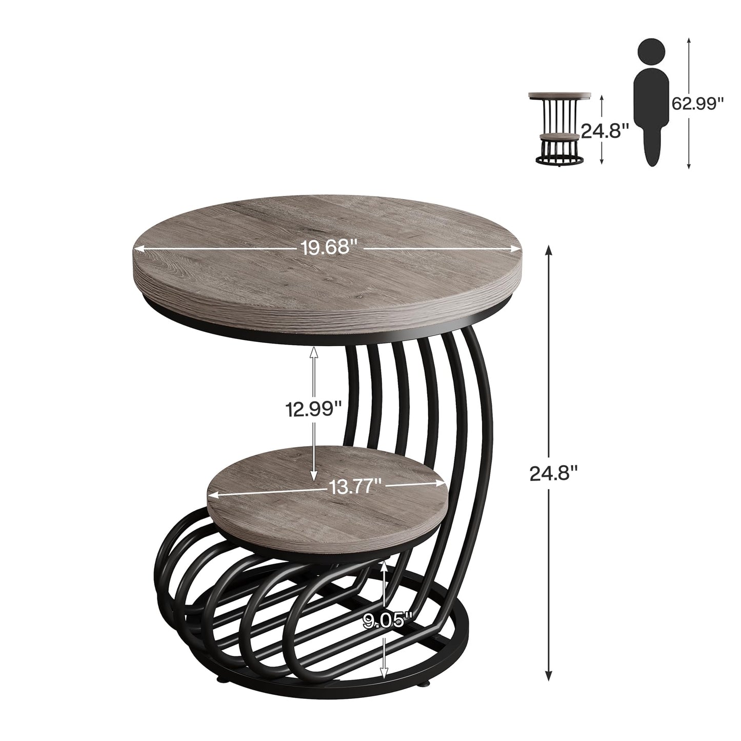Tribesigns Round End Side Table: Side Table with 2 Tiers Storage Shelves, Vintage End Table for Living Room, Small Bedside Table Accent Table with Arc-Shaped Frame, Light Brown