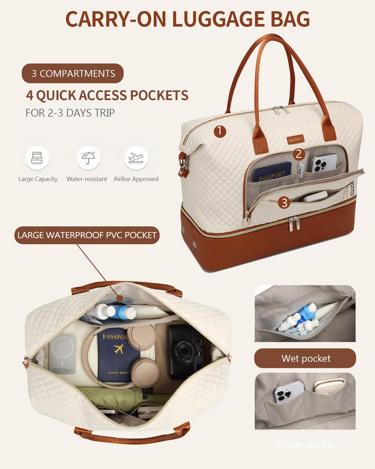 Weekender Bags for Women, Travel Tote Duffle Bag Carry On Overnight Bag with Cosmetics Bag and Crossbody Purse for Gym Hospital, Gifts for Women, Beige Brown