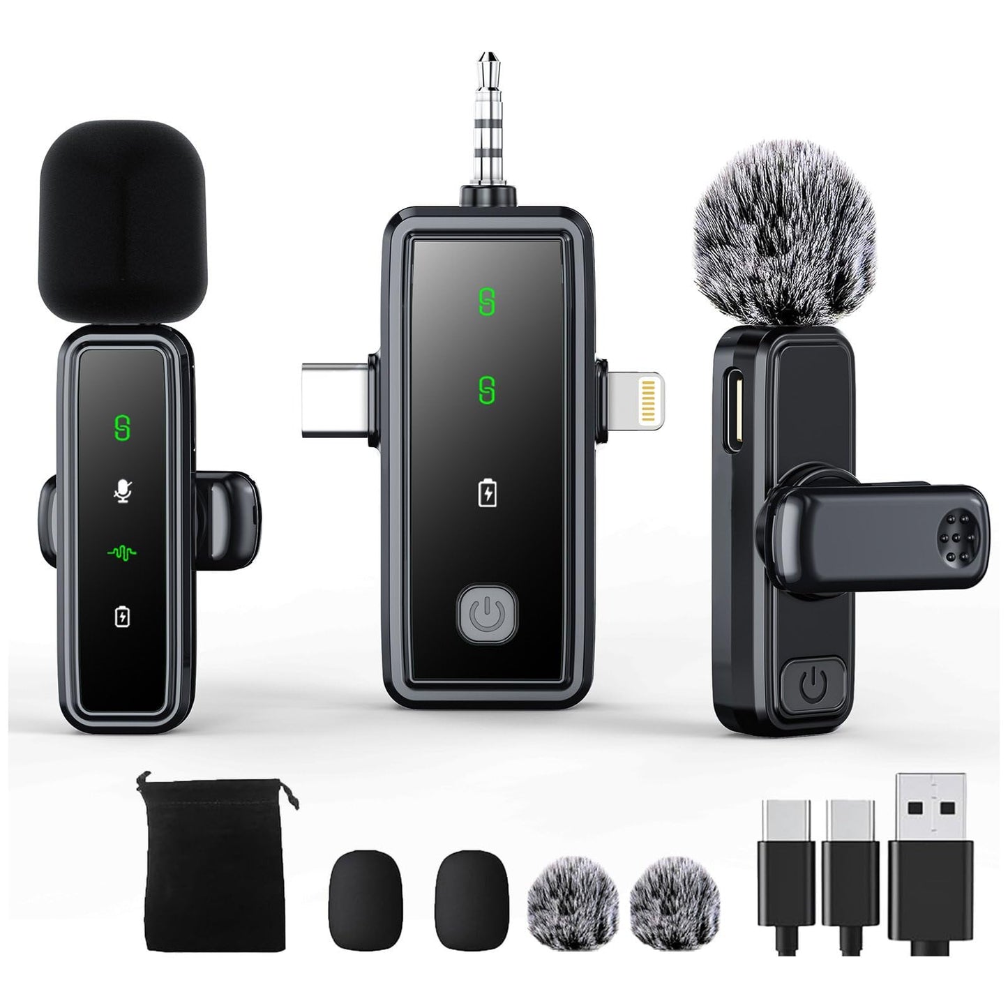 3 in 1 Wireless Lavalier Microphones for iPhone/Android/Camera, 2 Pack Mini Microphone LED Display Lapel Omnidirectional Mic with Mute/Reverb/Noise Reduction for TikTok/Podcast/Vlog Recording