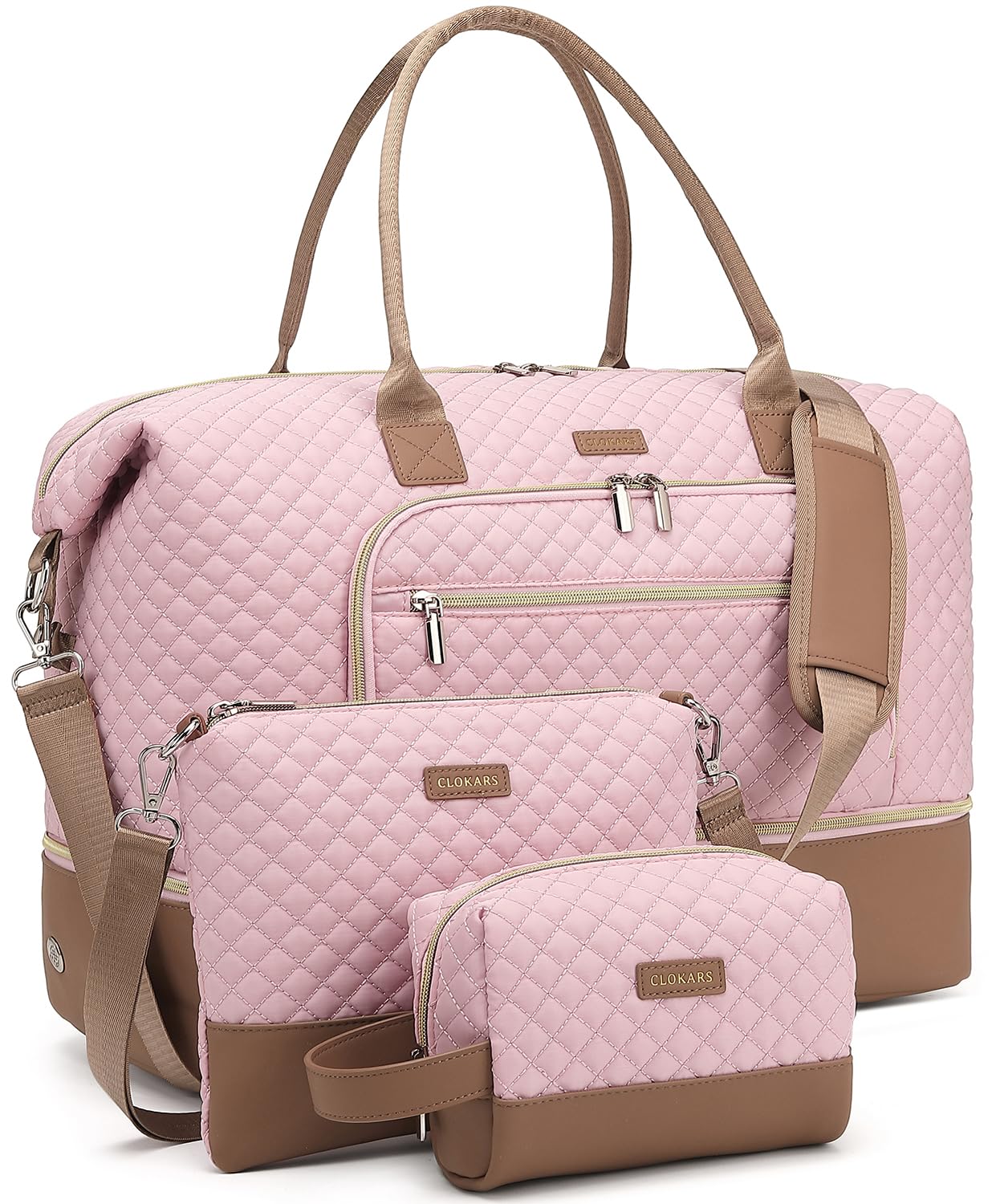 Weekender Bags for Women, Travel Tote Duffle Bag Carry On Overnight Bag with Cosmetics Bag and Crossbody Purse for Gym Hospital, Gifts for Women, Beige Brown