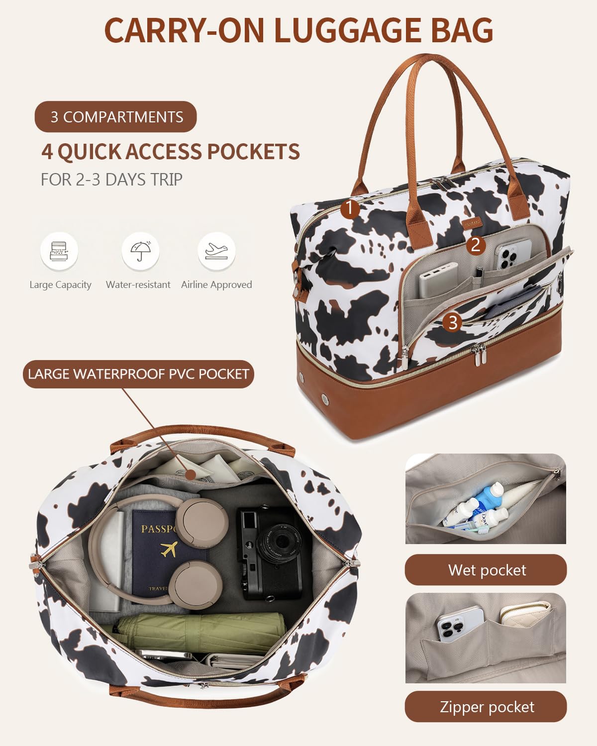 Weekender Bags for Women, Travel Tote Duffle Bag Carry On Overnight Bag with Cosmetics Bag and Crossbody Purse for Gym Hospital, Gifts for Women, Beige Brown
