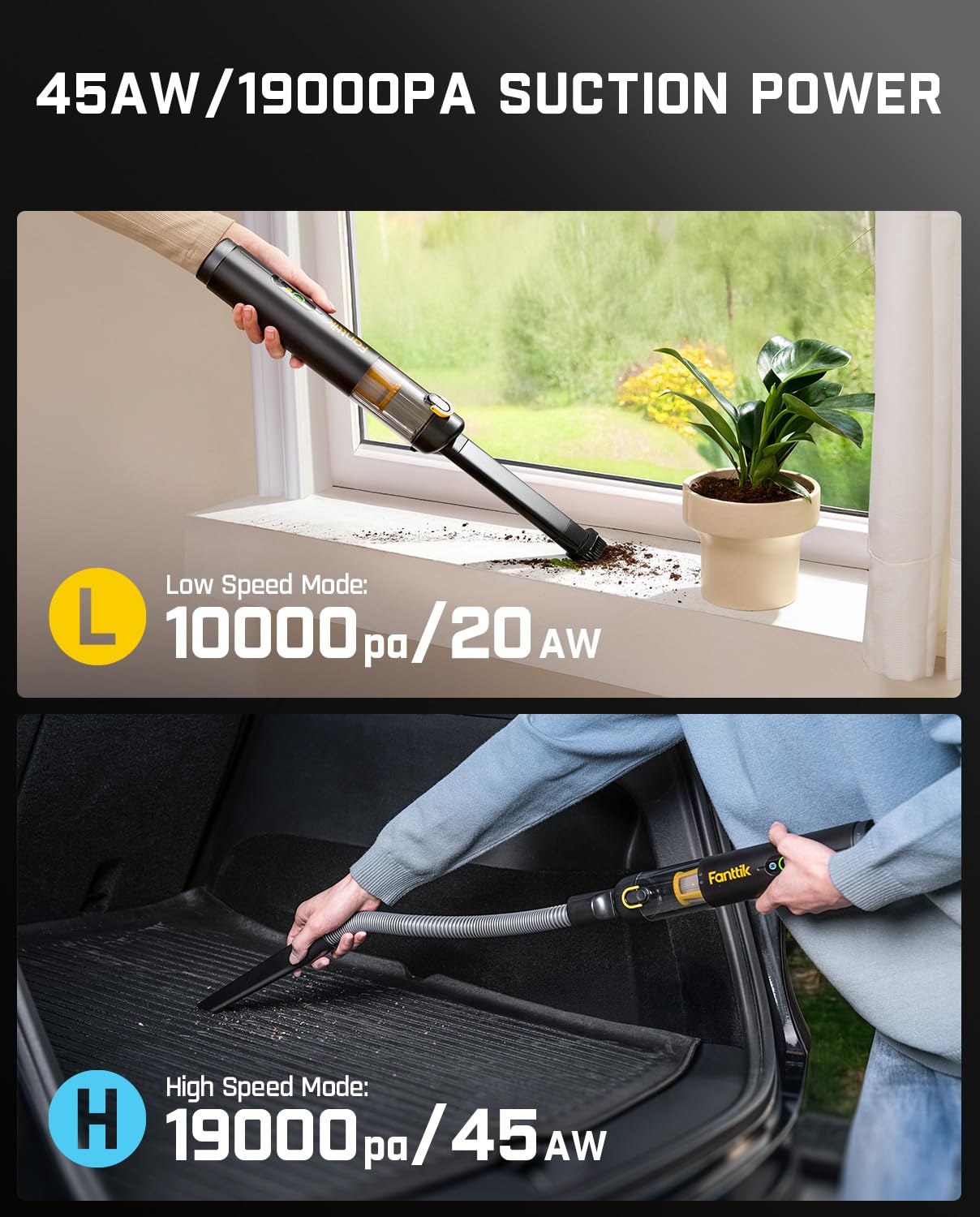 Fanttik Slim V10 APEX Cordless Car Vacuum, 4-in-1 Portable Mini Handheld Vac, 19kPa Suction Power, Upgraded Smart Digital Display, 2 Suction Modes for Small Jobs, Car, Office Desk, Keyboards (Black)