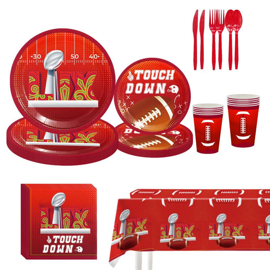 2025 LIX Football Party Decorations Super Party Decorations Includes 7IN Plates, 9IN Plates, Napkins, Knives, Forks and Spoons, Disposable tablecloth,Perfect for Game Day Birthday Party (81pcs)