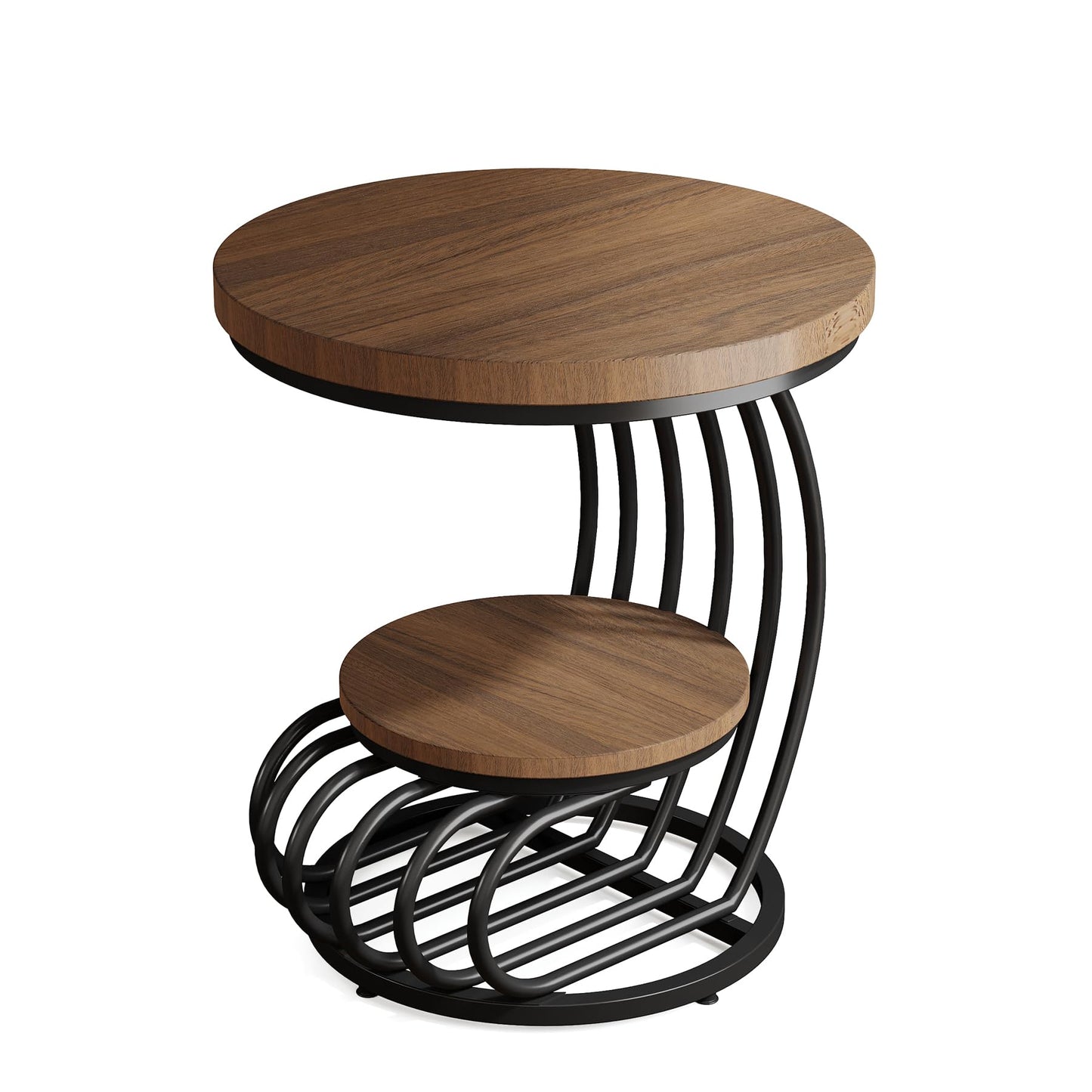 Tribesigns Round End Side Table: Side Table with 2 Tiers Storage Shelves, Vintage End Table for Living Room, Small Bedside Table Accent Table with Arc-Shaped Frame, Light Brown