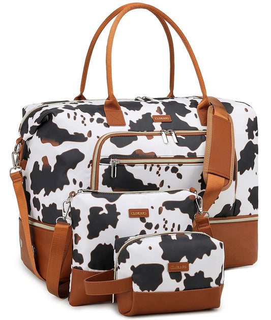 Weekender Bags for Women, Travel Tote Duffle Bag Carry On Overnight Bag with Cosmetics Bag and Crossbody Purse for Gym Hospital, Gifts for Women, Beige Brown