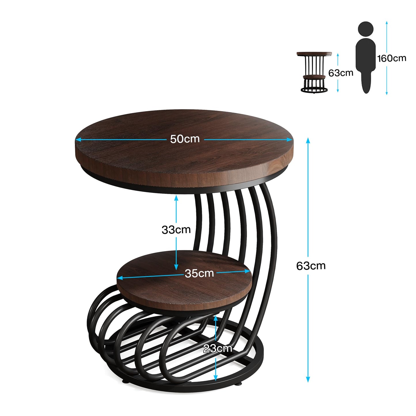 Tribesigns Round End Side Table: Side Table with 2 Tiers Storage Shelves, Vintage End Table for Living Room, Small Bedside Table Accent Table with Arc-Shaped Frame, Light Brown