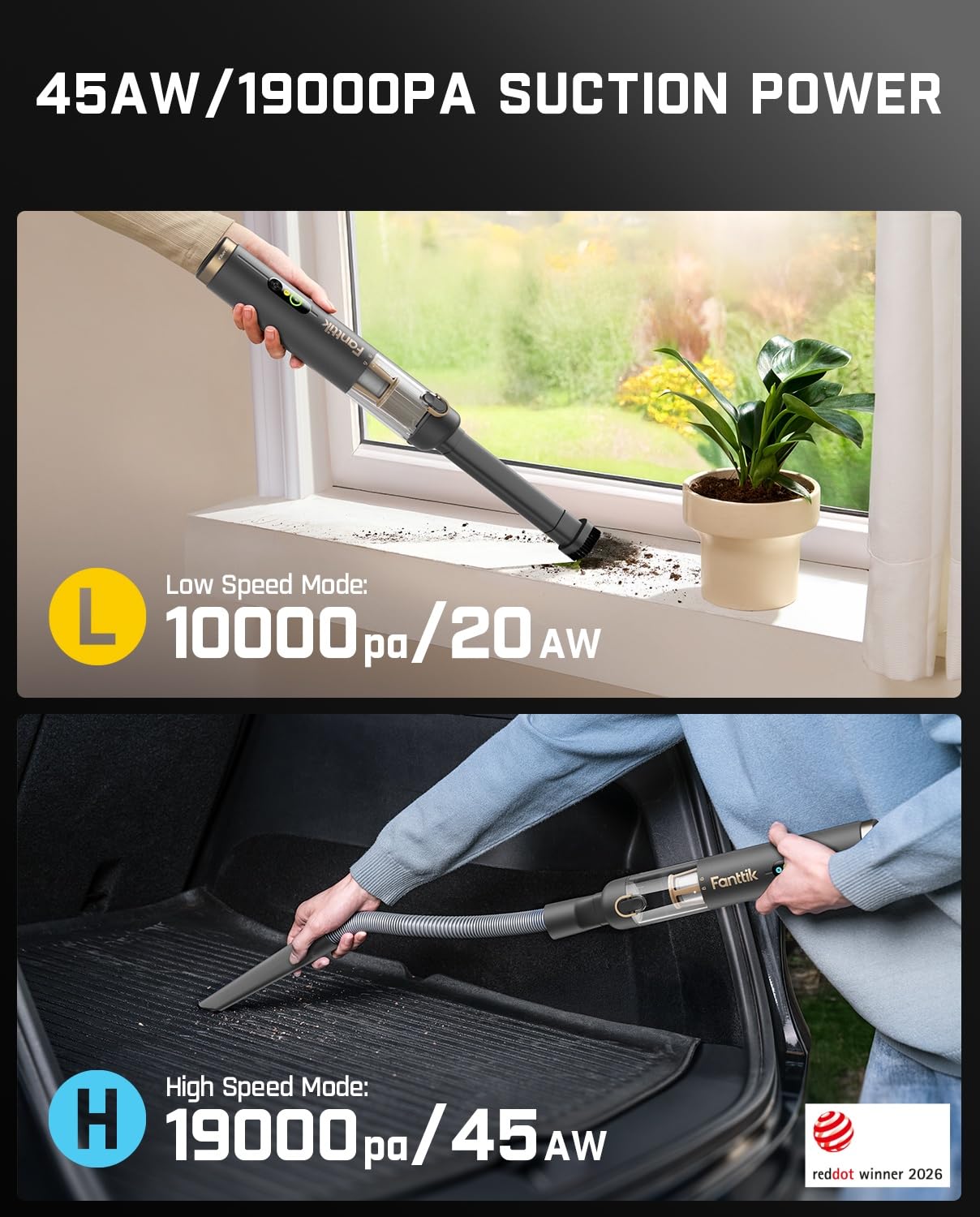 Fanttik Slim V10 APEX Cordless Car Vacuum, 4-in-1 Portable Mini Handheld Vac, 19kPa Suction Power, Upgraded Smart Digital Display, 2 Suction Modes for Small Jobs, Car, Office Desk, Keyboards (Black)