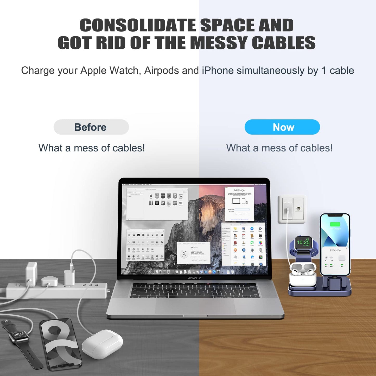 3 in 1 Charging Station for Apple Products, Removable Charging Stand for iPhone Series AirPods Pro/3/2/1, Charging Dock for Apple Watch SE/Ultra/8/7/6/5/4/3/2/1(with 15W Adapter and Cable)(Blue)