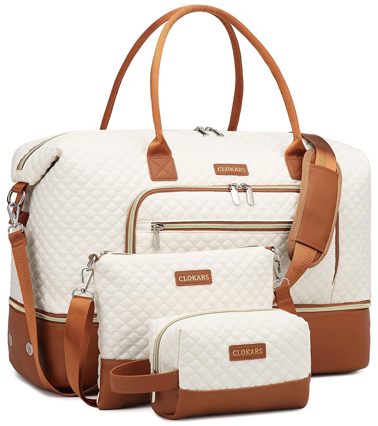 Weekender Bags for Women, Travel Tote Duffle Bag Carry On Overnight Bag with Cosmetics Bag and Crossbody Purse for Gym Hospital, Gifts for Women, Beige Brown