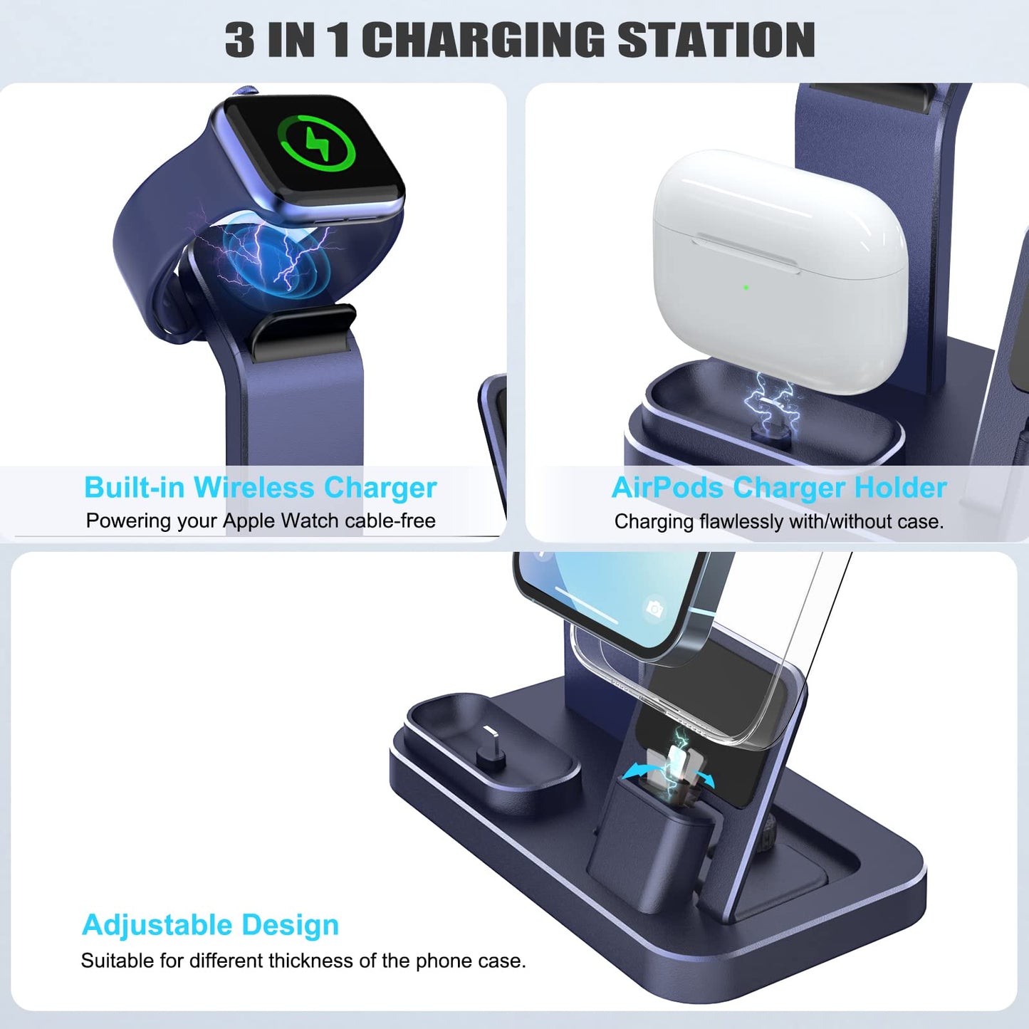 3 in 1 Charging Station for Apple Products, Removable Charging Stand for iPhone Series AirPods Pro/3/2/1, Charging Dock for Apple Watch SE/Ultra/8/7/6/5/4/3/2/1(with 15W Adapter and Cable)(Blue)