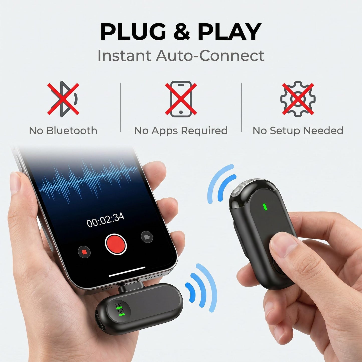 3 in 1 Wireless Lavalier Microphones for iPhone/Android/Camera, 2 Pack Mini Microphone LED Display Lapel Omnidirectional Mic with Mute/Reverb/Noise Reduction for TikTok/Podcast/Vlog Recording