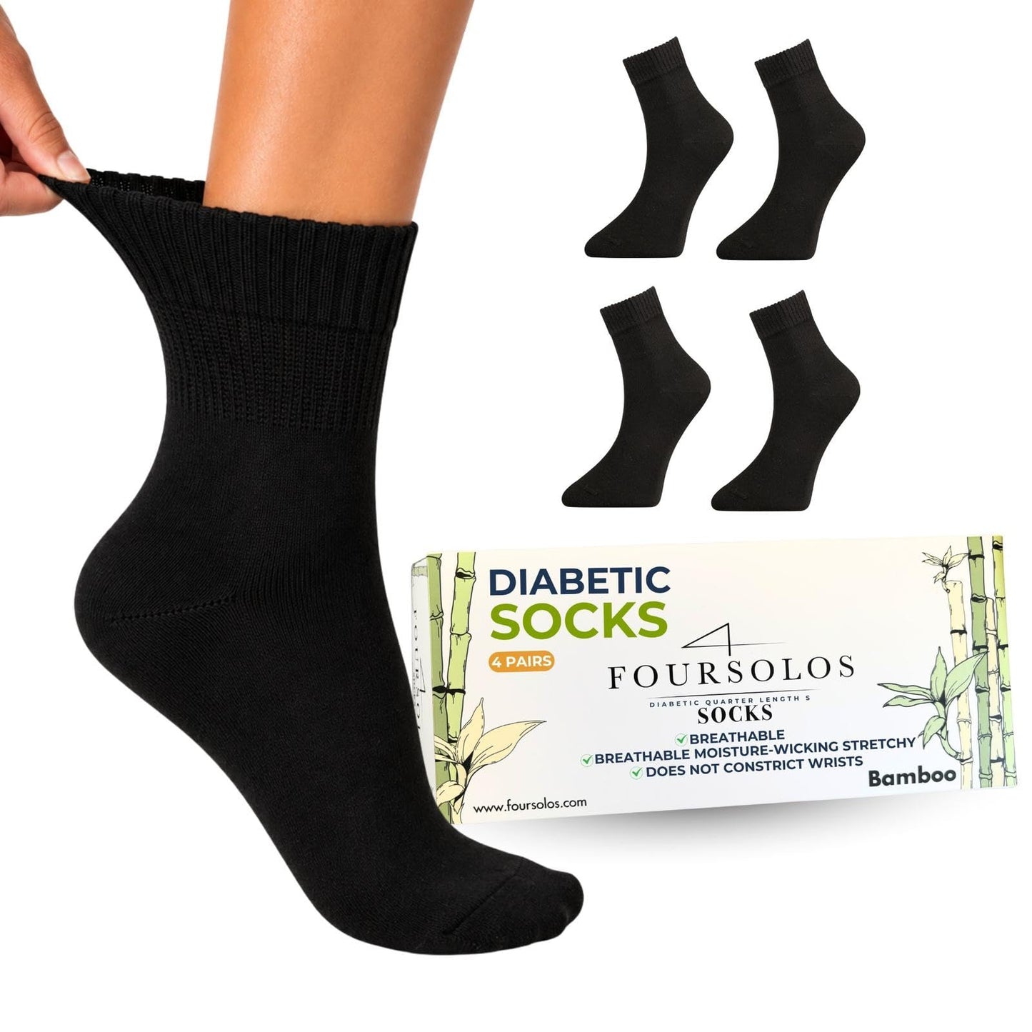 Men Bamboo Diabetic Socks Black Size 9–12,Soft Bamboo Fiber Socks for Sensitive Feet,Daily Wear, 4 Pairs