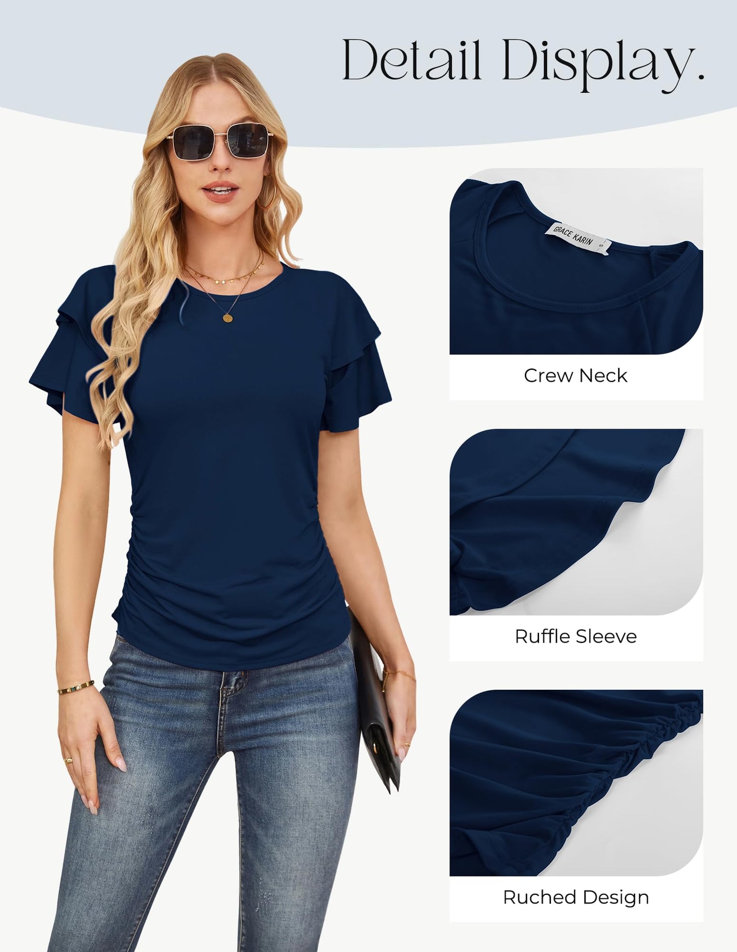 GRACE KARIN Women Tops Dressy Casual Ruffle Sleeve Blouses | Crew Neck Ruched Shirts, Business Work Outfits, 2026 Summer Fashion Clothing