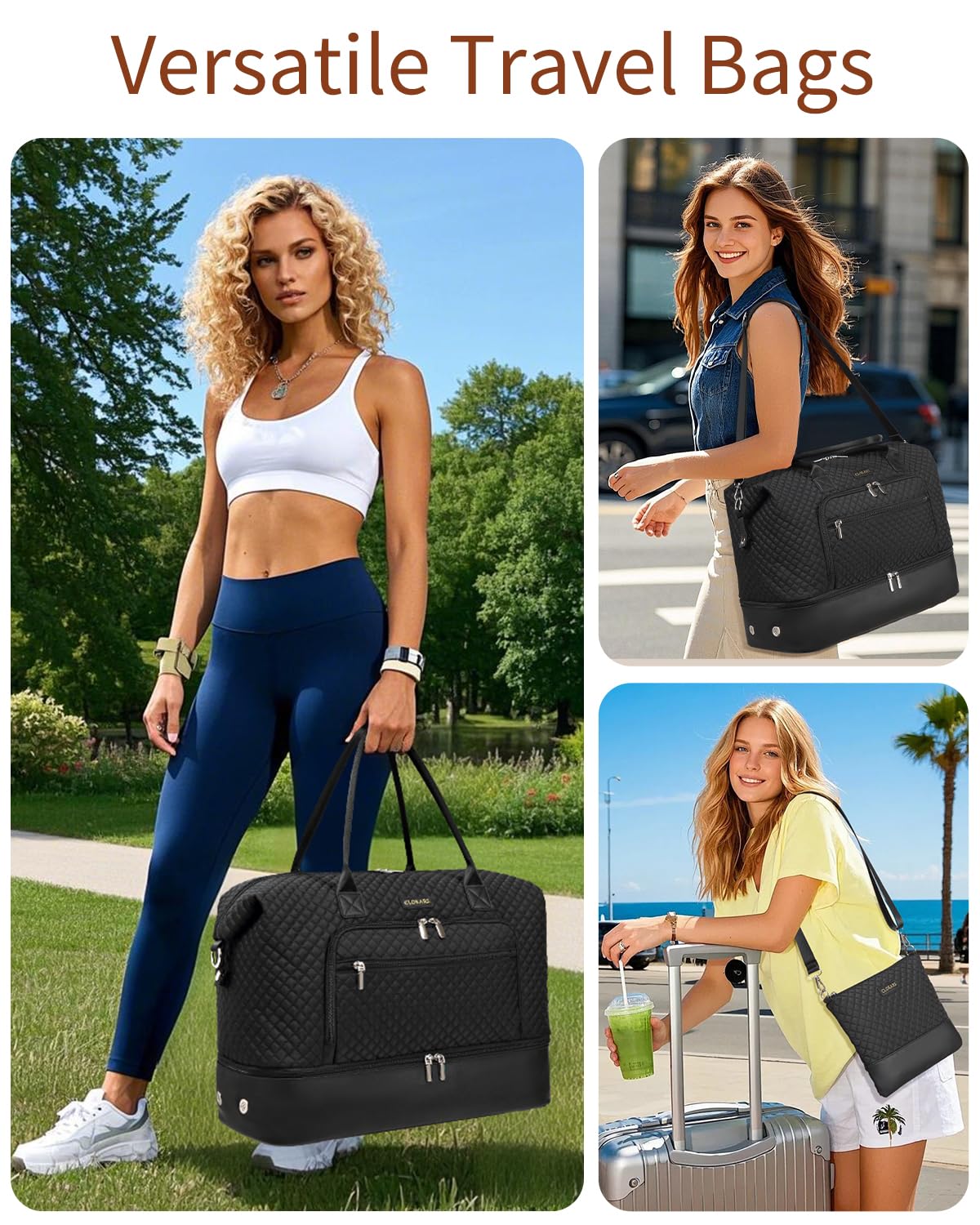 Weekender Bags for Women, Travel Tote Duffle Bag Carry On Overnight Bag with Cosmetics Bag and Crossbody Purse for Gym Hospital, Gifts for Women, Beige Brown
