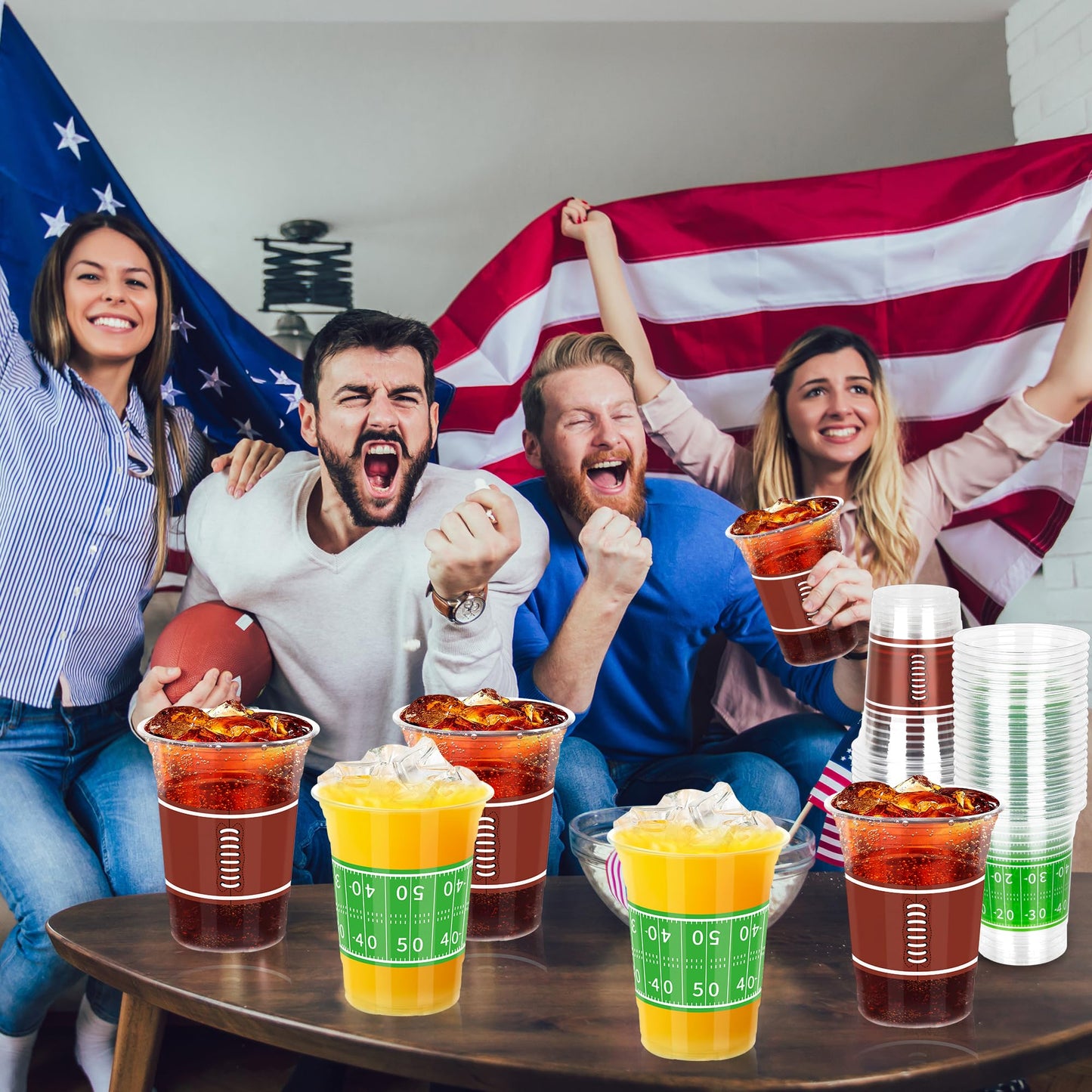 50 PCS Football Cups, 16 OZ Football Party Cups, Thickened Football Plastic Cups, Disposable Clear Drinking Cups in 2 Designs for Super Bowl Party Supplies Football Party Decorations Super Bowl Favors