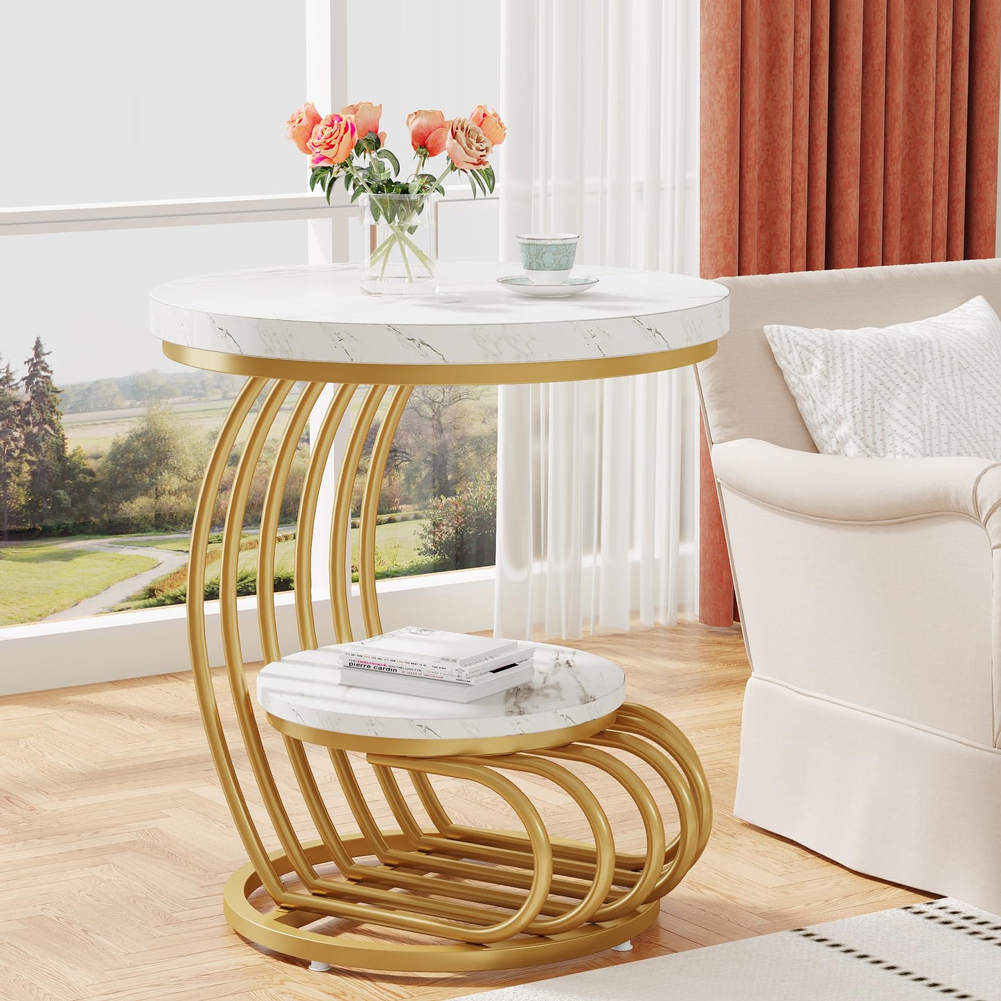 Tribesigns Round End Side Table: Side Table with 2 Tiers Storage Shelves, Vintage End Table for Living Room, Small Bedside Table Accent Table with Arc-Shaped Frame, Light Brown