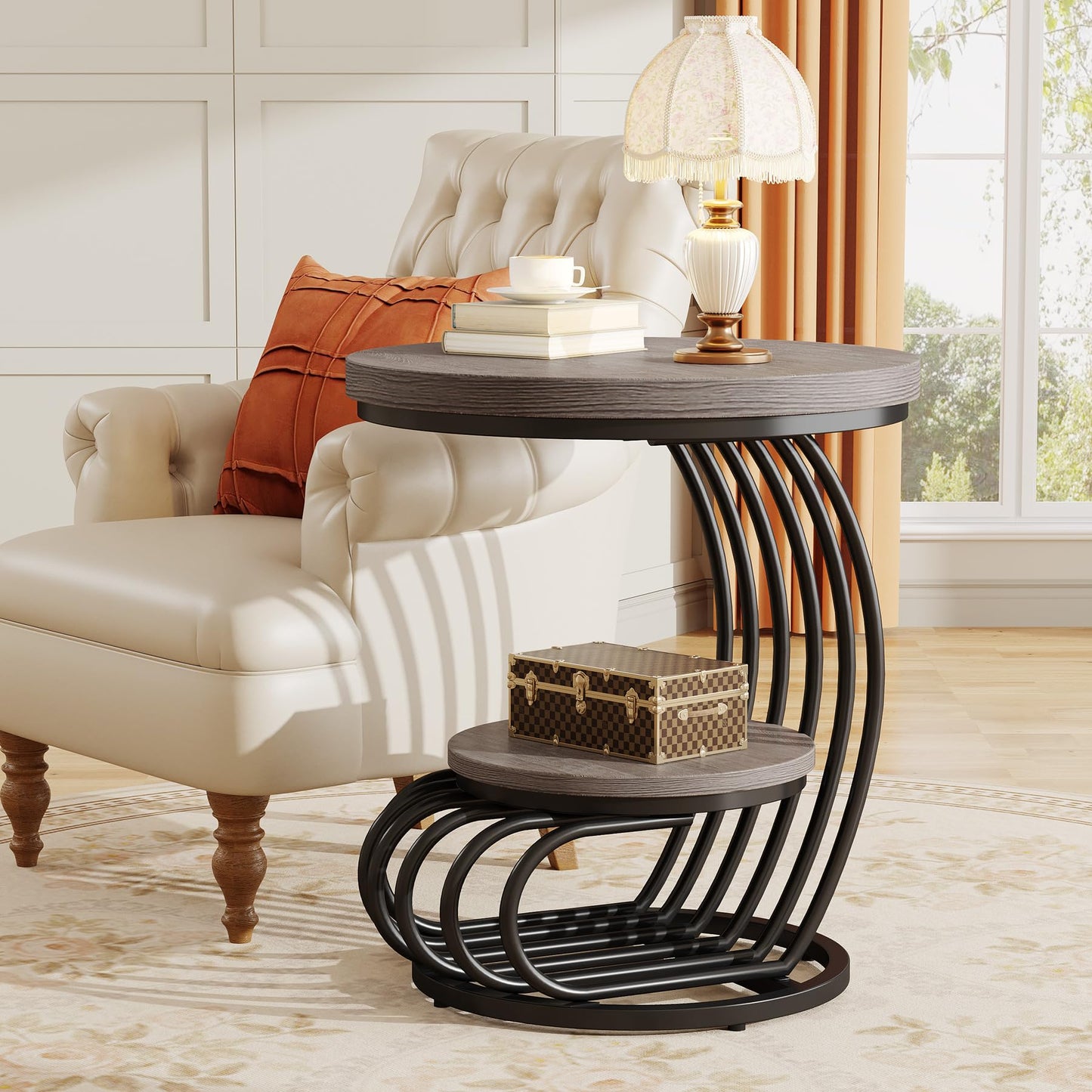 Tribesigns Round End Side Table: Side Table with 2 Tiers Storage Shelves, Vintage End Table for Living Room, Small Bedside Table Accent Table with Arc-Shaped Frame, Light Brown