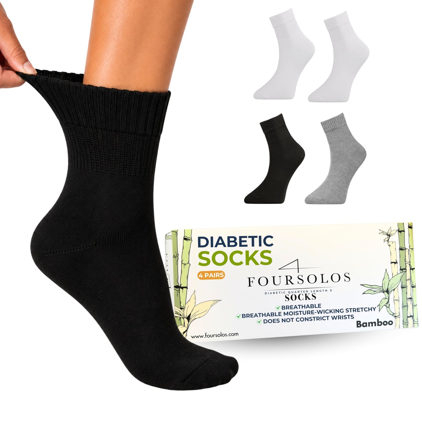 Men Bamboo Diabetic Socks Black Size 9–12,Soft Bamboo Fiber Socks for Sensitive Feet,Daily Wear, 4 Pairs