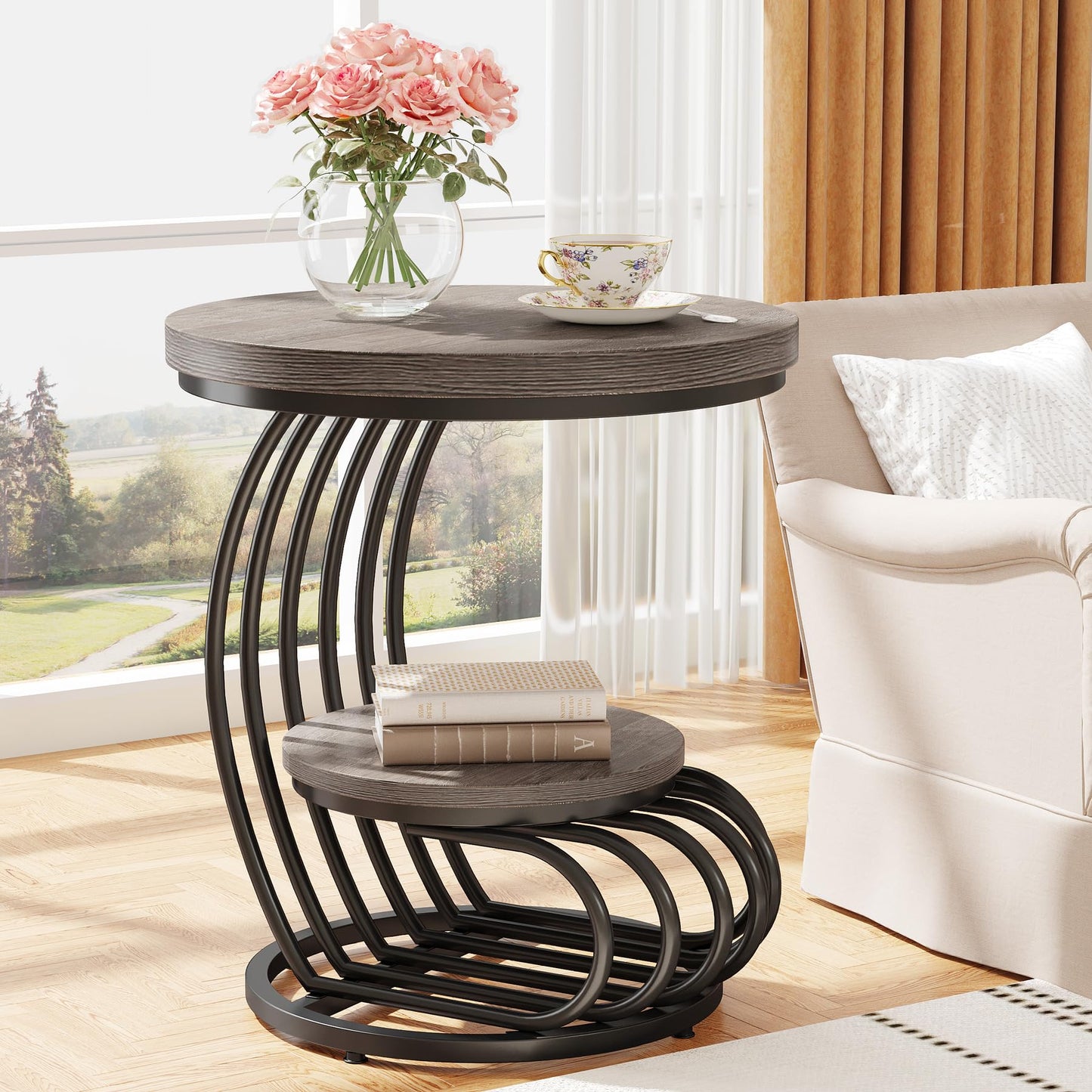 Tribesigns Round End Side Table: Side Table with 2 Tiers Storage Shelves, Vintage End Table for Living Room, Small Bedside Table Accent Table with Arc-Shaped Frame, Light Brown