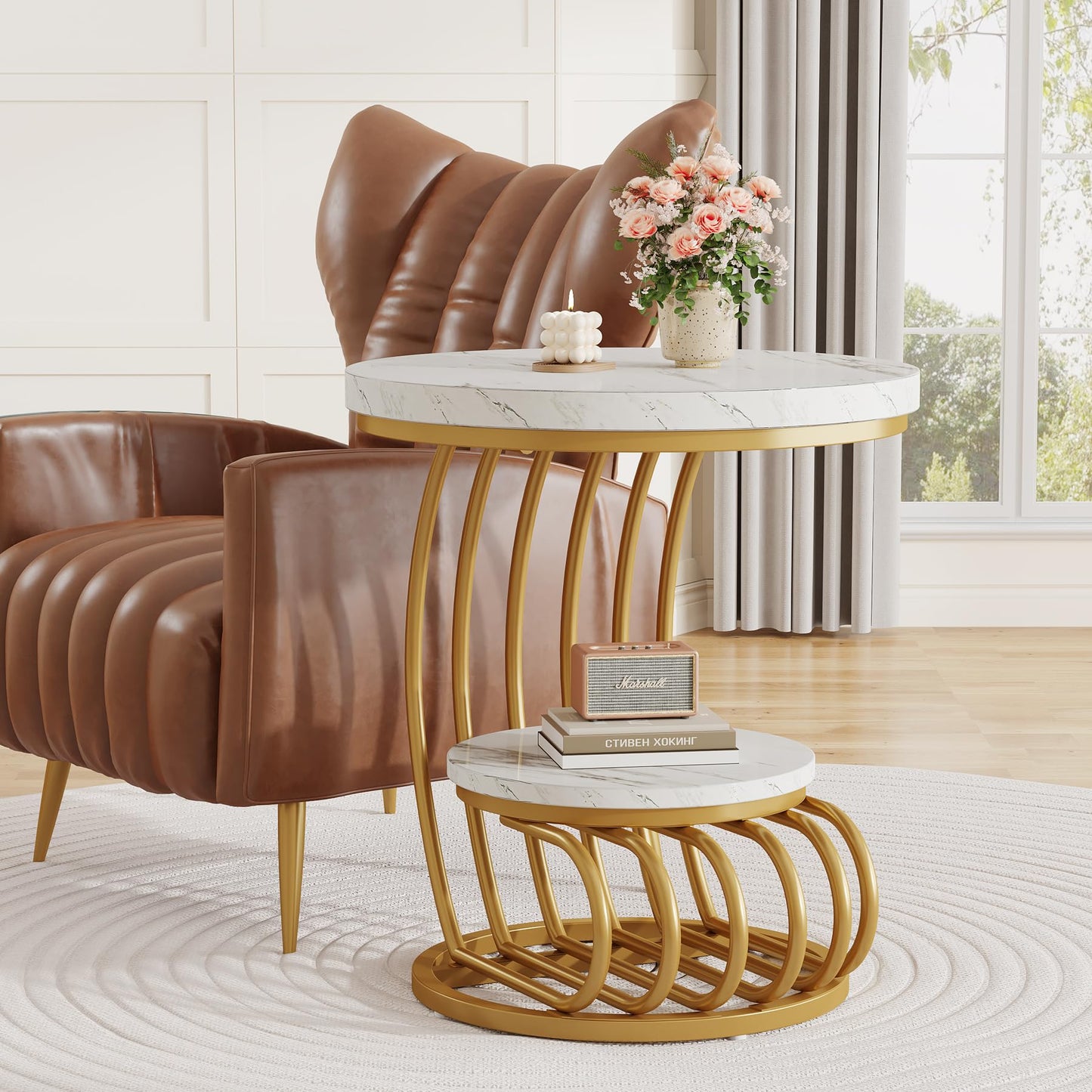 Tribesigns Round End Side Table: Side Table with 2 Tiers Storage Shelves, Vintage End Table for Living Room, Small Bedside Table Accent Table with Arc-Shaped Frame, Light Brown