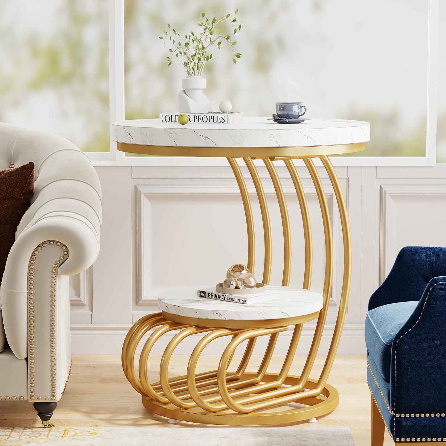 Tribesigns Round End Side Table: Side Table with 2 Tiers Storage Shelves, Vintage End Table for Living Room, Small Bedside Table Accent Table with Arc-Shaped Frame, Light Brown