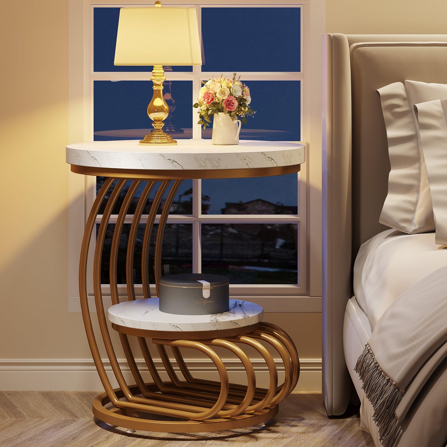 Tribesigns Round End Side Table: Side Table with 2 Tiers Storage Shelves, Vintage End Table for Living Room, Small Bedside Table Accent Table with Arc-Shaped Frame, Light Brown