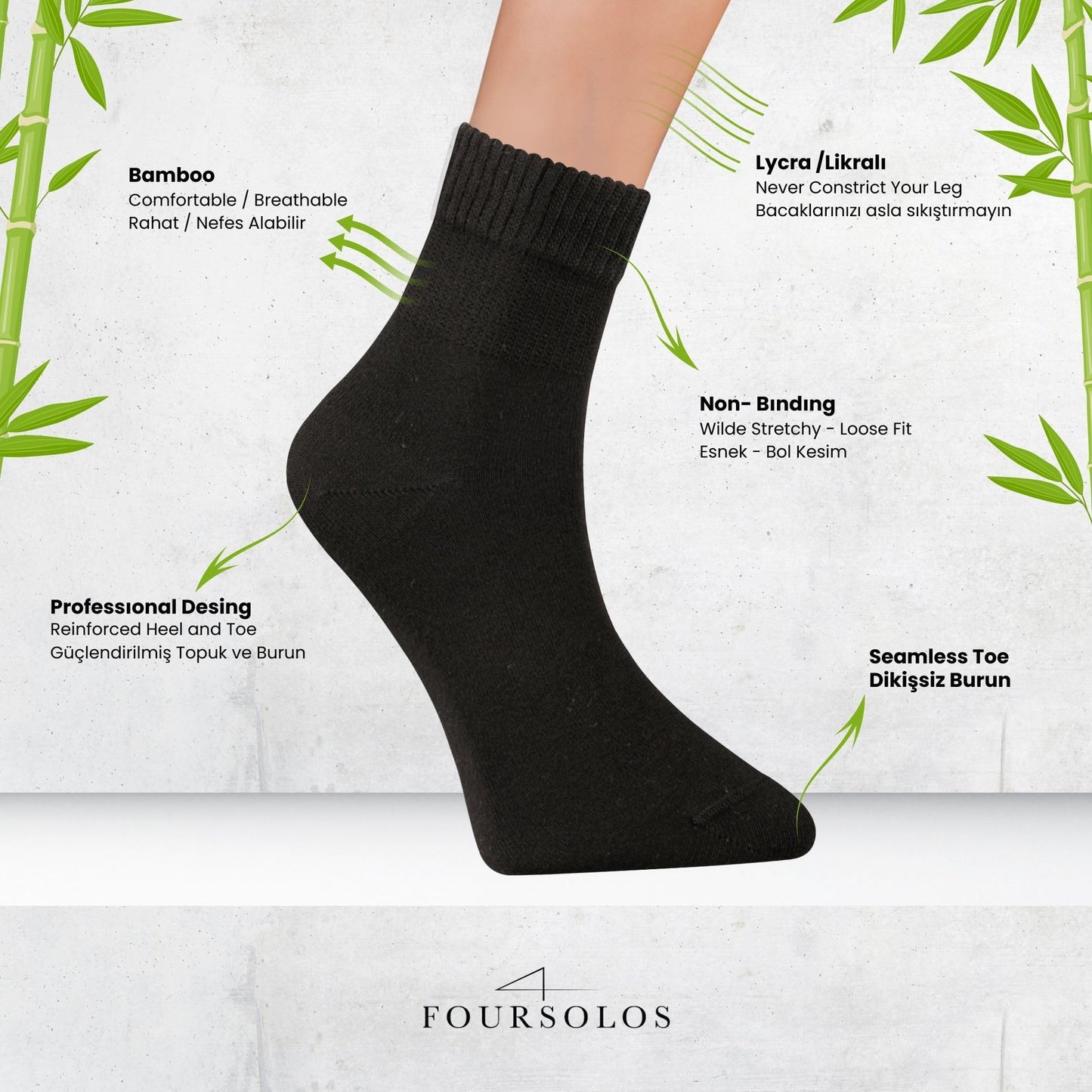 Men Bamboo Diabetic Socks Black Size 9–12,Soft Bamboo Fiber Socks for Sensitive Feet,Daily Wear, 4 Pairs