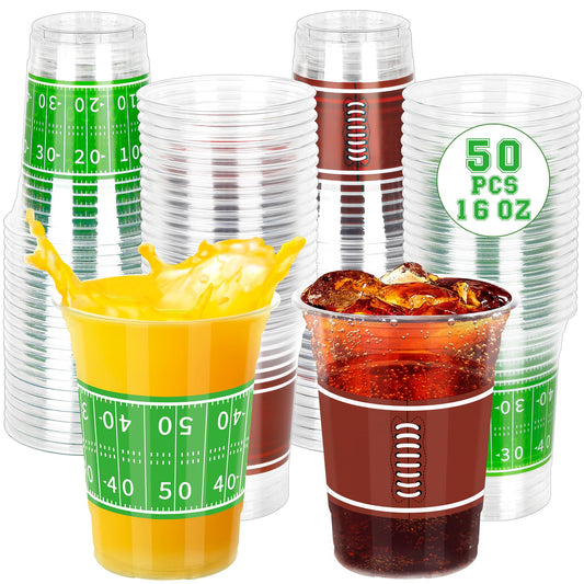 50 PCS Football Cups, 16 OZ Football Party Cups, Thickened Football Plastic Cups, Disposable Clear Drinking Cups in 2 Designs for Super Bowl Party Supplies Football Party Decorations Super Bowl Favors