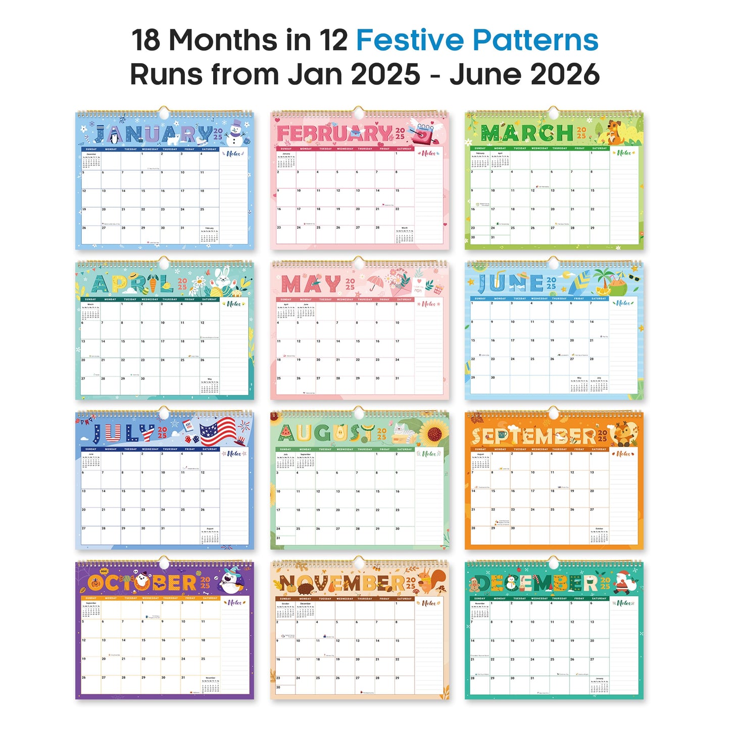 2025 Wall Calendar, 18 Monthly Wall Calendar from January 2025 - June 2026, 11.5" x 14.7", Twin-Wire Binding, Large Hanging Calendar with Thick Paper for Home & Office, Seasonal