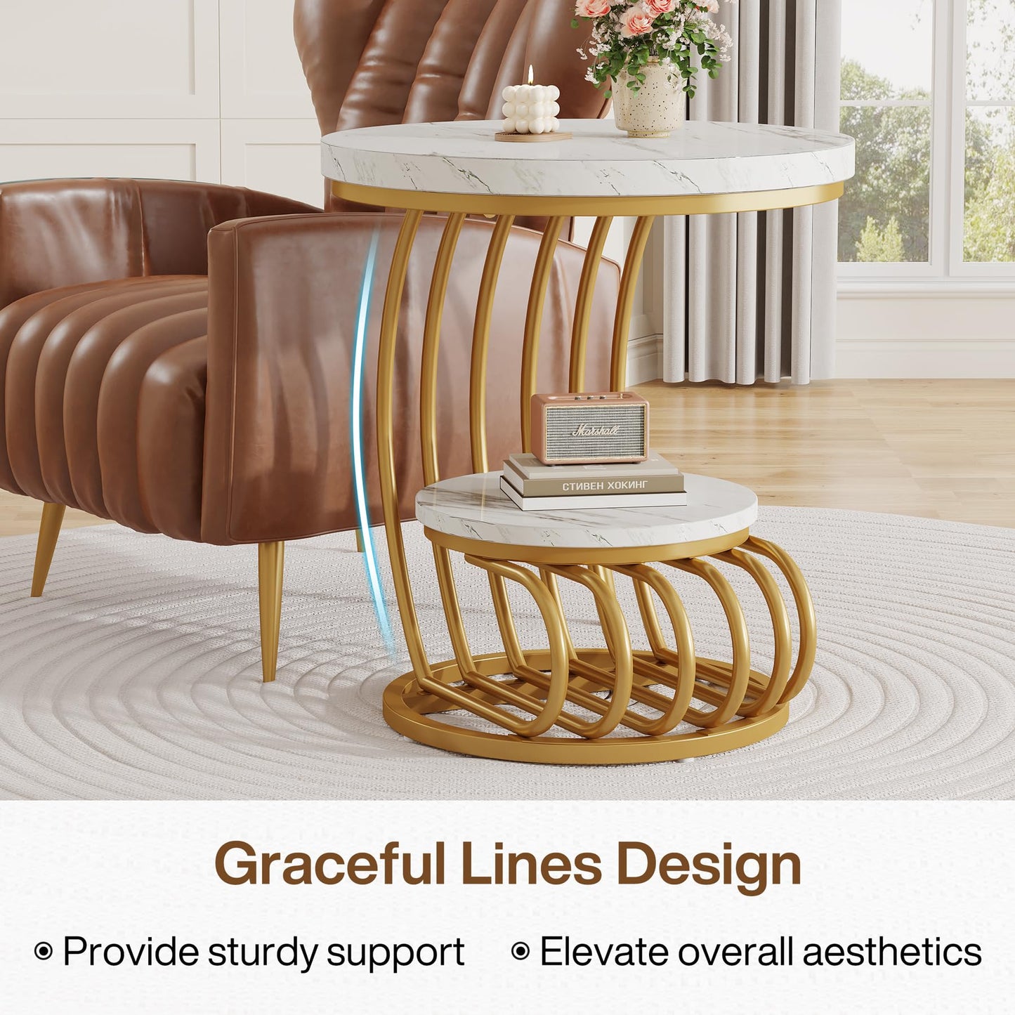 Tribesigns Round End Side Table: Side Table with 2 Tiers Storage Shelves, Vintage End Table for Living Room, Small Bedside Table Accent Table with Arc-Shaped Frame, Light Brown