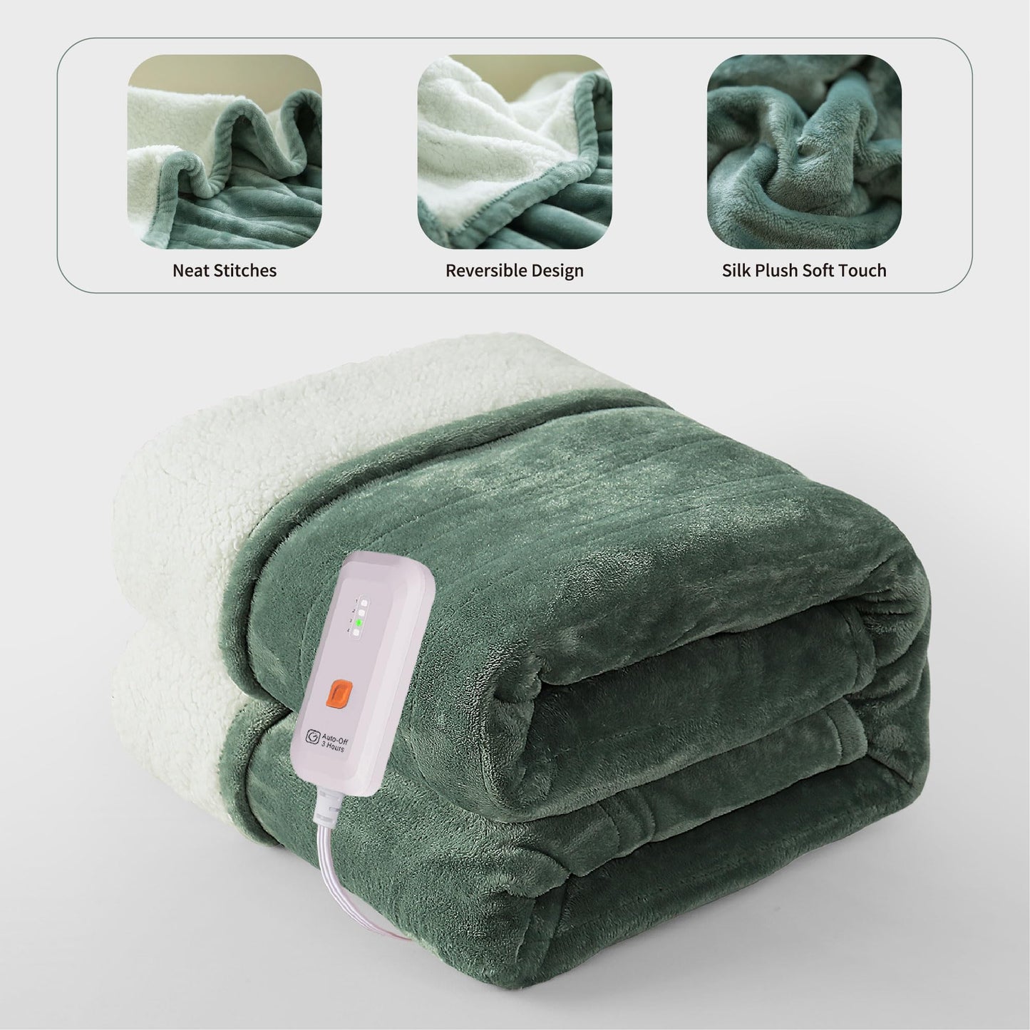 GOTCOZY Heated Blanket Electric Throw 50''X60''- Soft Silky Plush Electric Blanket with 4 Heating Level & 3 Hour Auto Off Heating Blanket, ETL Certified Machine Washable (Green)