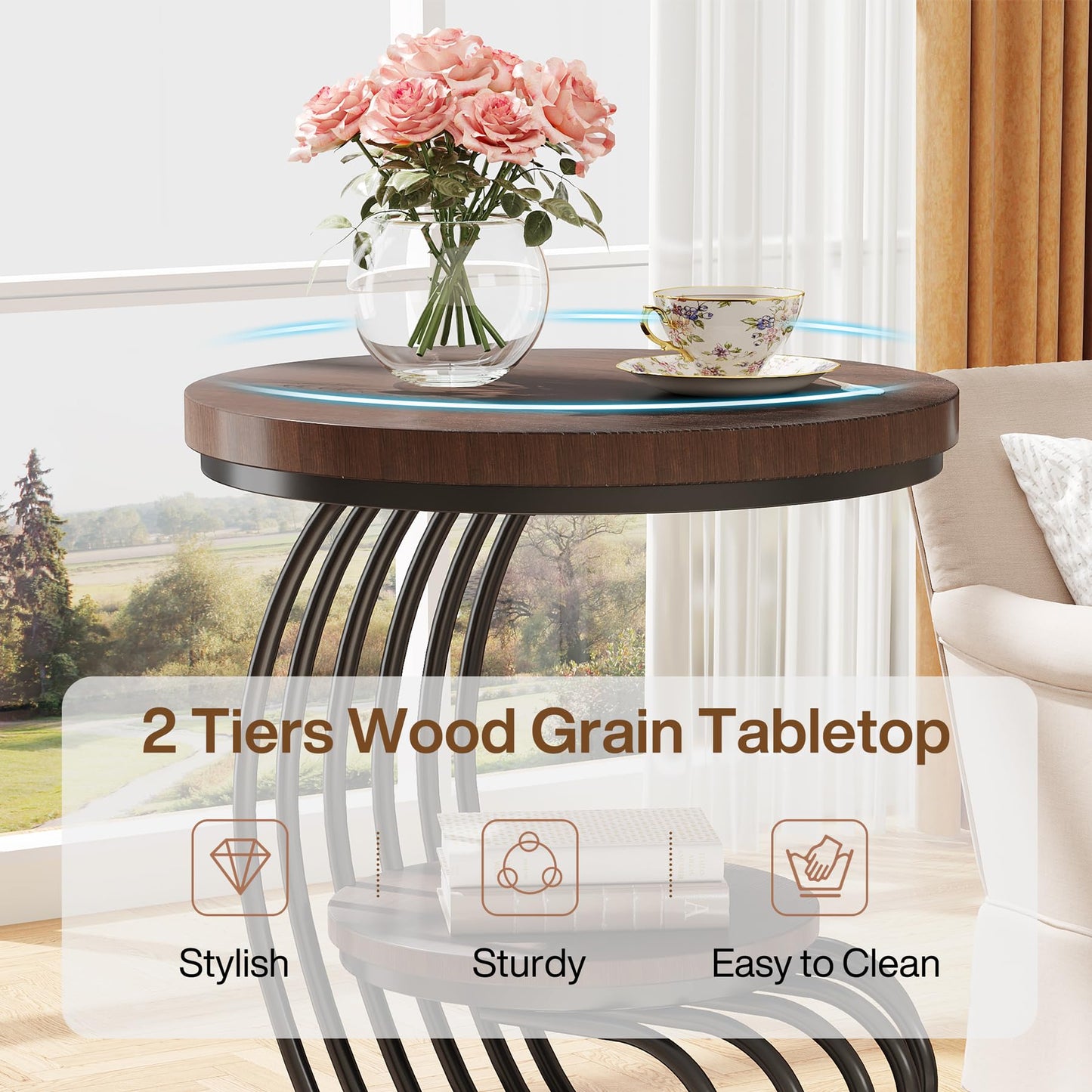 Tribesigns Round End Side Table: Side Table with 2 Tiers Storage Shelves, Vintage End Table for Living Room, Small Bedside Table Accent Table with Arc-Shaped Frame, Light Brown