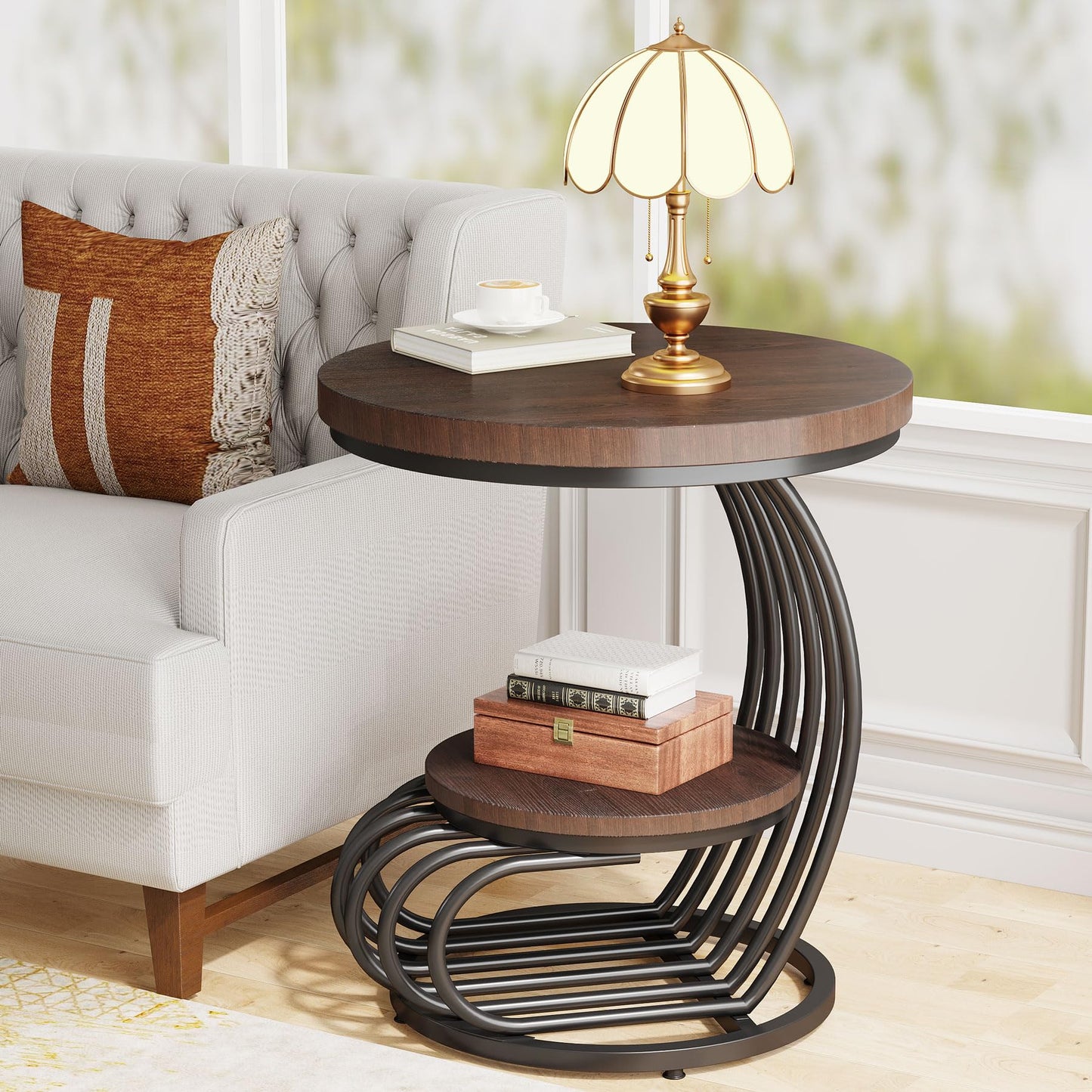 Tribesigns Round End Side Table: Side Table with 2 Tiers Storage Shelves, Vintage End Table for Living Room, Small Bedside Table Accent Table with Arc-Shaped Frame, Light Brown