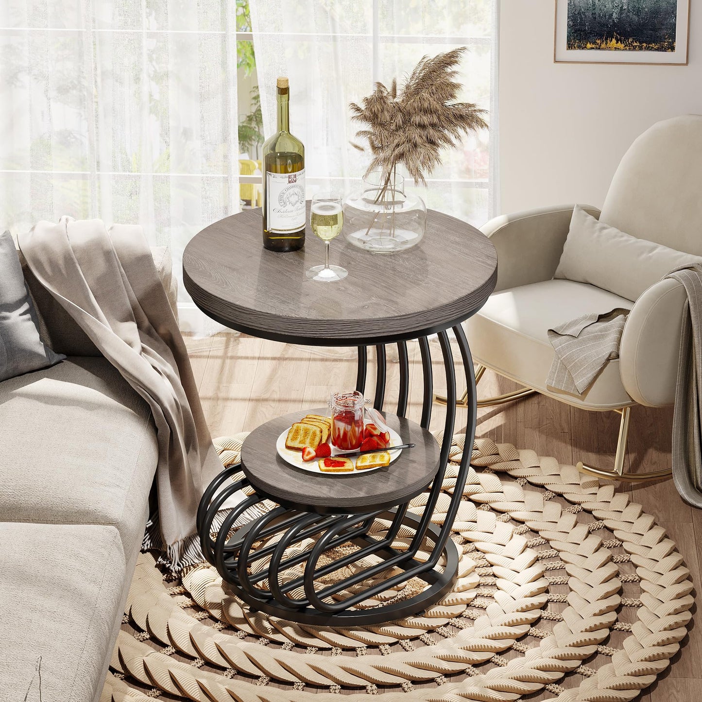 Tribesigns Round End Side Table: Side Table with 2 Tiers Storage Shelves, Vintage End Table for Living Room, Small Bedside Table Accent Table with Arc-Shaped Frame, Light Brown